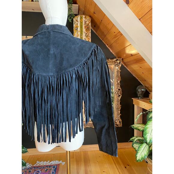 Leather Fringe Jacket Black Vintage - Picture 5 of 9